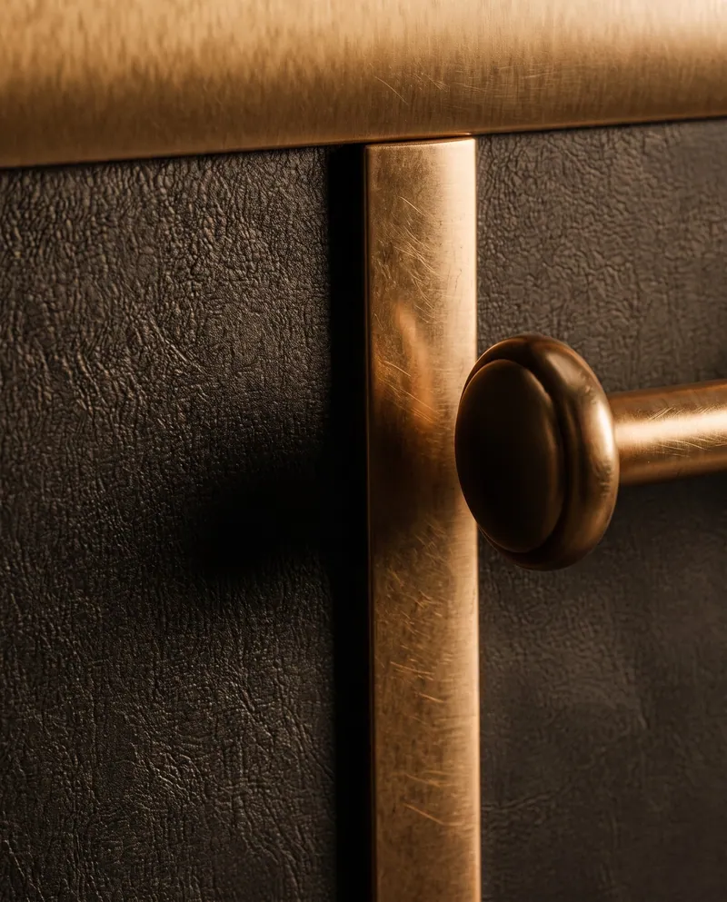 A bronze rail bracket on black leather