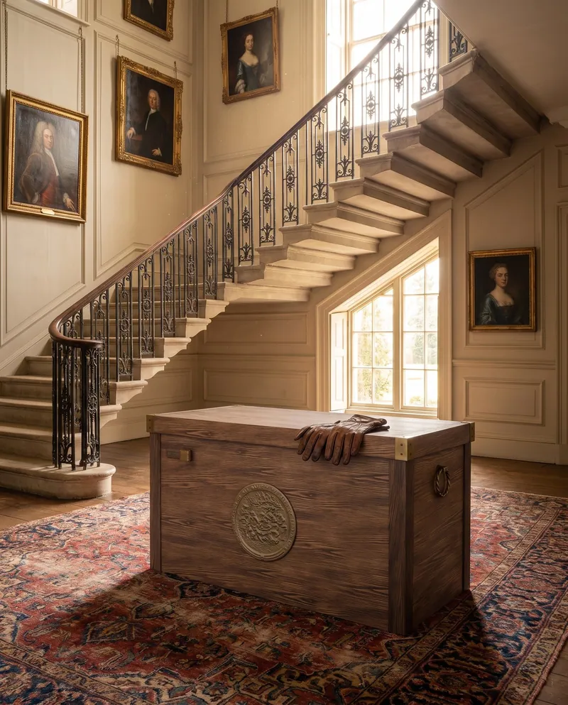 The chest at the foot of a staircase
